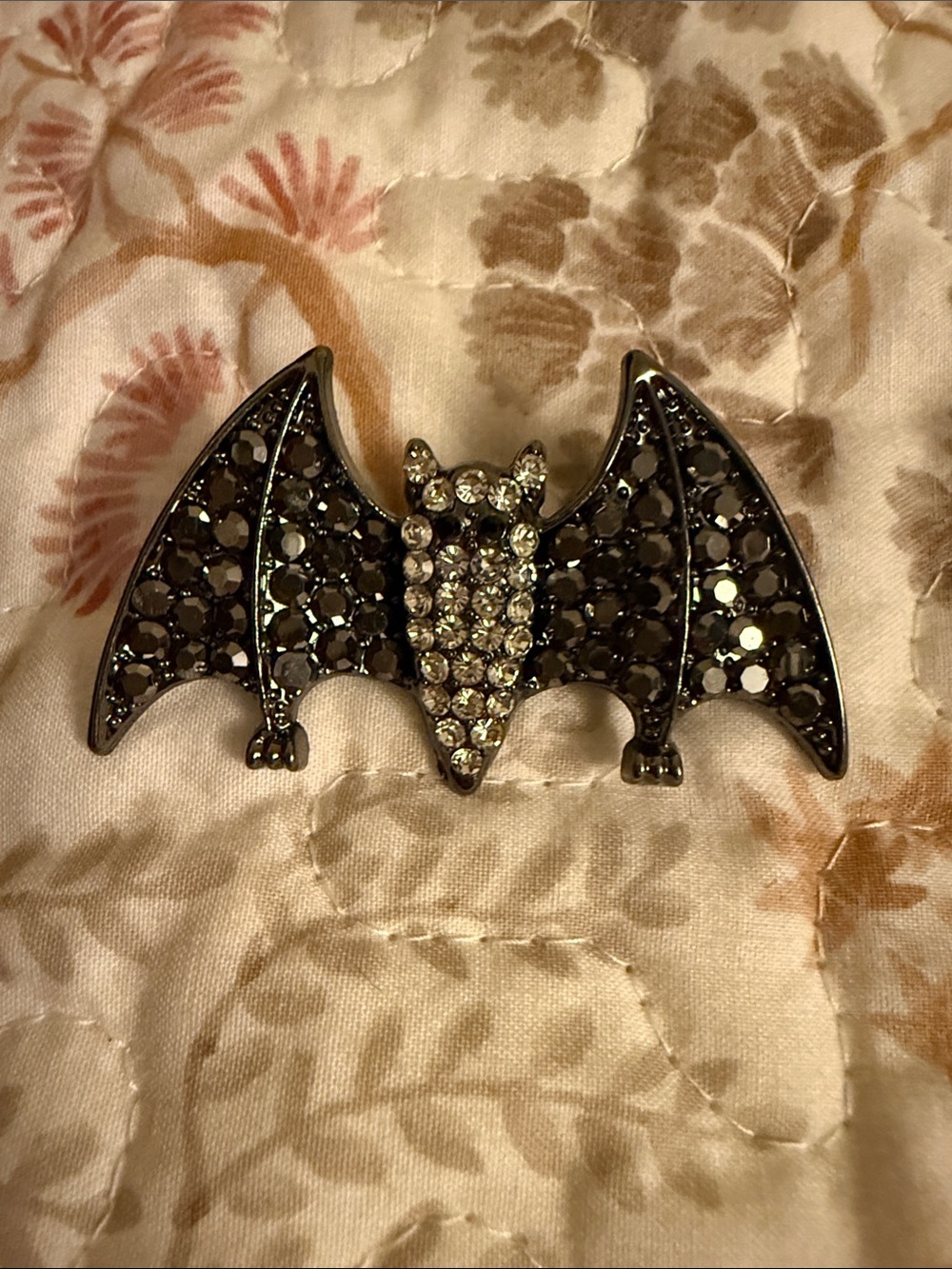 Bat Crystal Brooch - Gunmetal and Clear Rhinestones